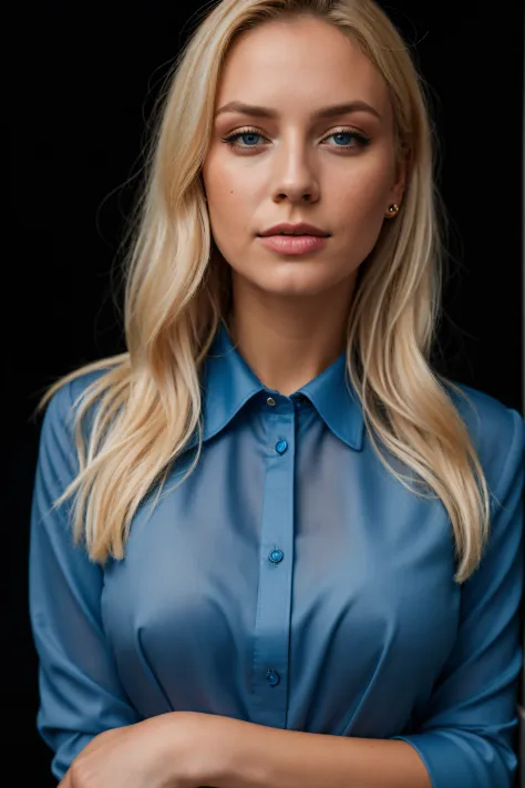 RAW photo of melpel,portrait, blue blouse, blonde, makeup, blue blouse, black background,(high detailed skin:1.2), 8k uhd, dslr,...