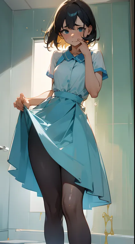 girl leaking urine, Light blue dress, standing up, Shyness and embarrassment Sweating profusely Covering the crotch with one hand, ultra defined face and body, girl in need to toilet pose, can't hold pee striking pose.