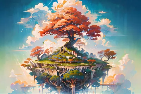 ((a picture of a picture of a floating island with a giant tree)), (floating island in the sky), floating and flying island, isl...