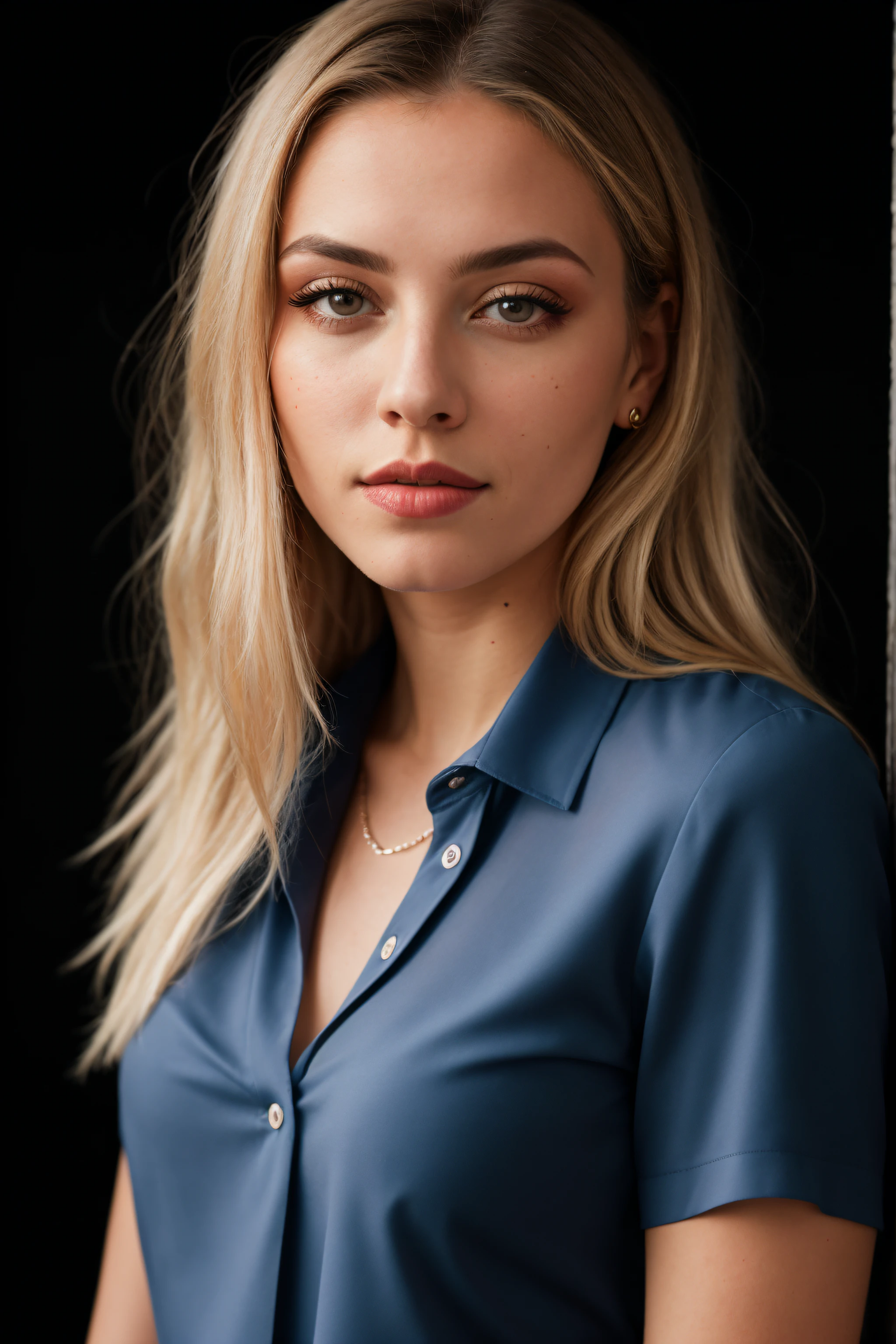 RAW photo of melpel,portrait, blue blouse, blonde, makeup, blue blouse, black background,(high detailed skin:1.2), 8k uhd, dslr, soft lighting, high quality, film grain, Fujifilm XT3,