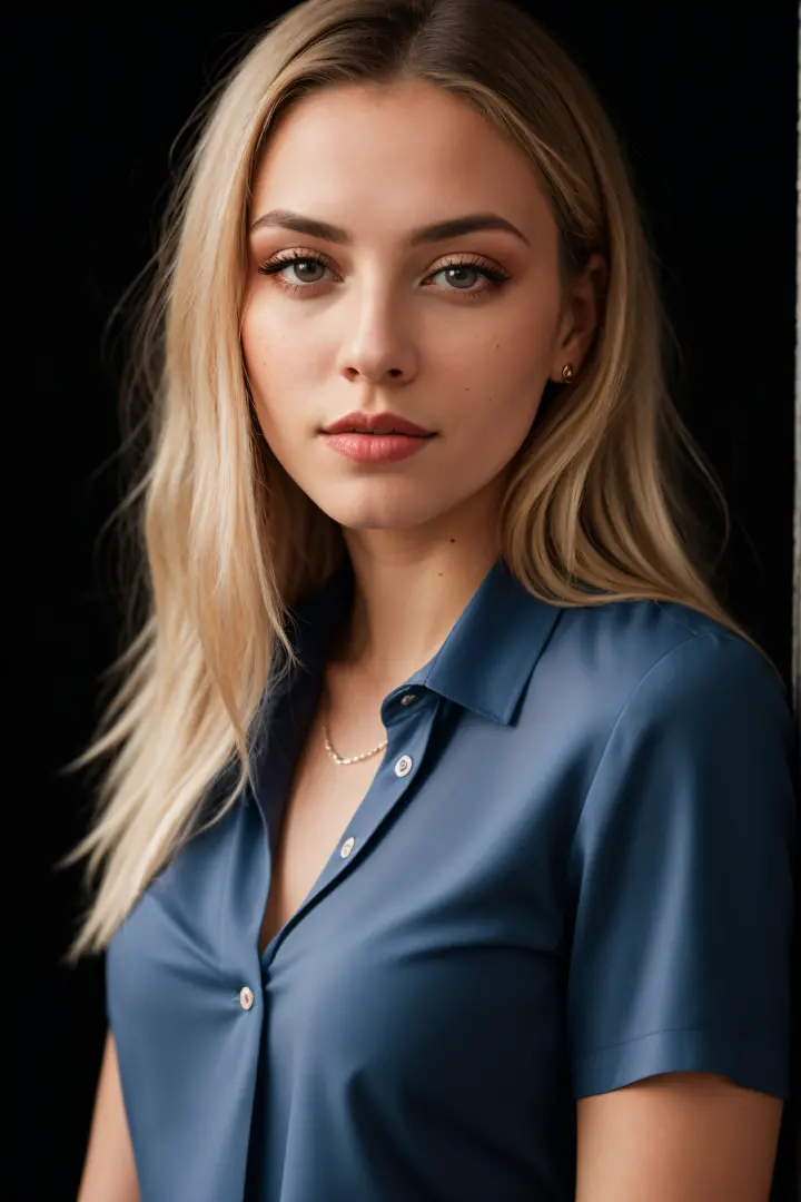 RAW photo of melpel,portrait, blue blouse, blonde, makeup, blue blouse, black background,(high detailed skin:1.2), 8k uhd, dslr,...