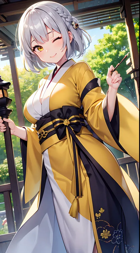 1 girl game CG yellow kimono hair ornament gigantic breasts