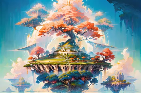 ((a picture of a picture of a floating island with a giant tree)), (floating island in the sky), floating and flying island, isl...