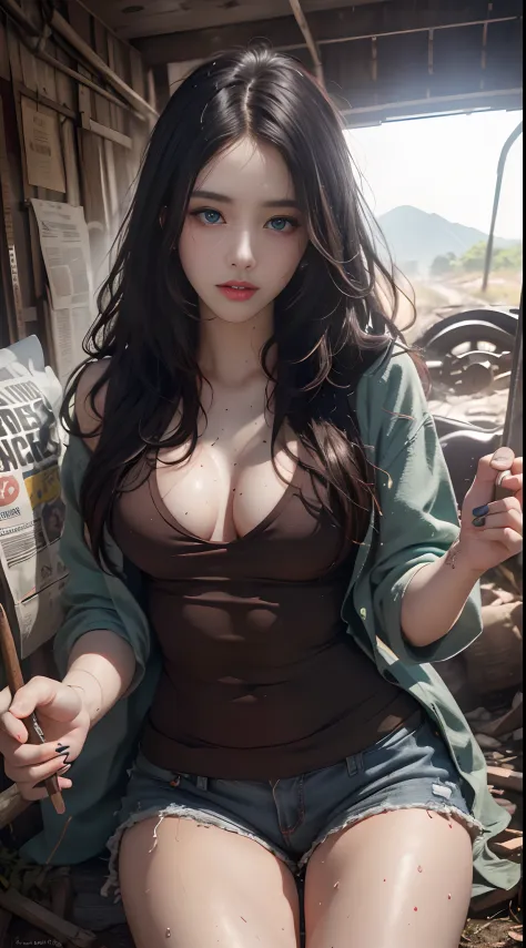 Yael Shelbia(Beautiful and bold、captivating and enticing、blue eyess、pointed  breast、long curly black hair、Sweaty body、Open shirt、Short shorts、boots、short  gloves、thick leg)。(Deserted roads、Dirt road、fumo、Abandoned cars、newspaper、 Abandoned