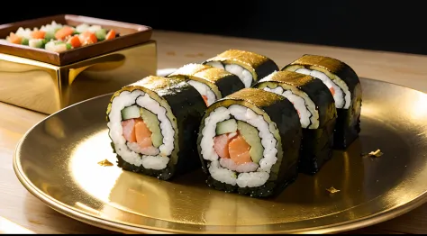 Gold sushi rolls on a plate, side view