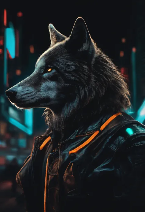 um animal lobo com um fundo preto, cyberpunk e minimalista