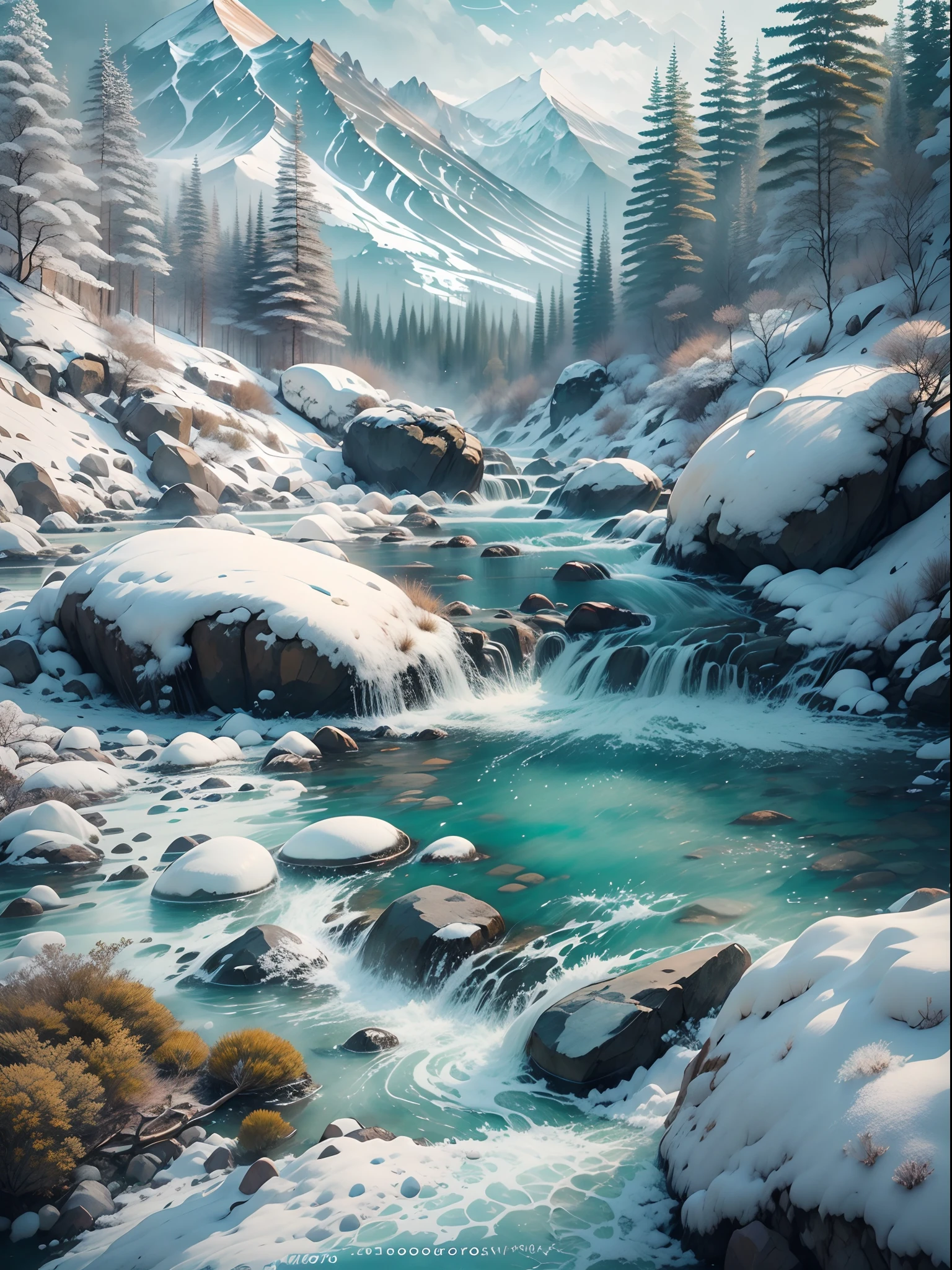 (Best quality, photo-realistic:1.2), Nature,lindo cenario， Melt snow and ice, （Mountain streams and flowing water，Clear stream）,Fluffy critters， Masterpiece:1.23, Photography.