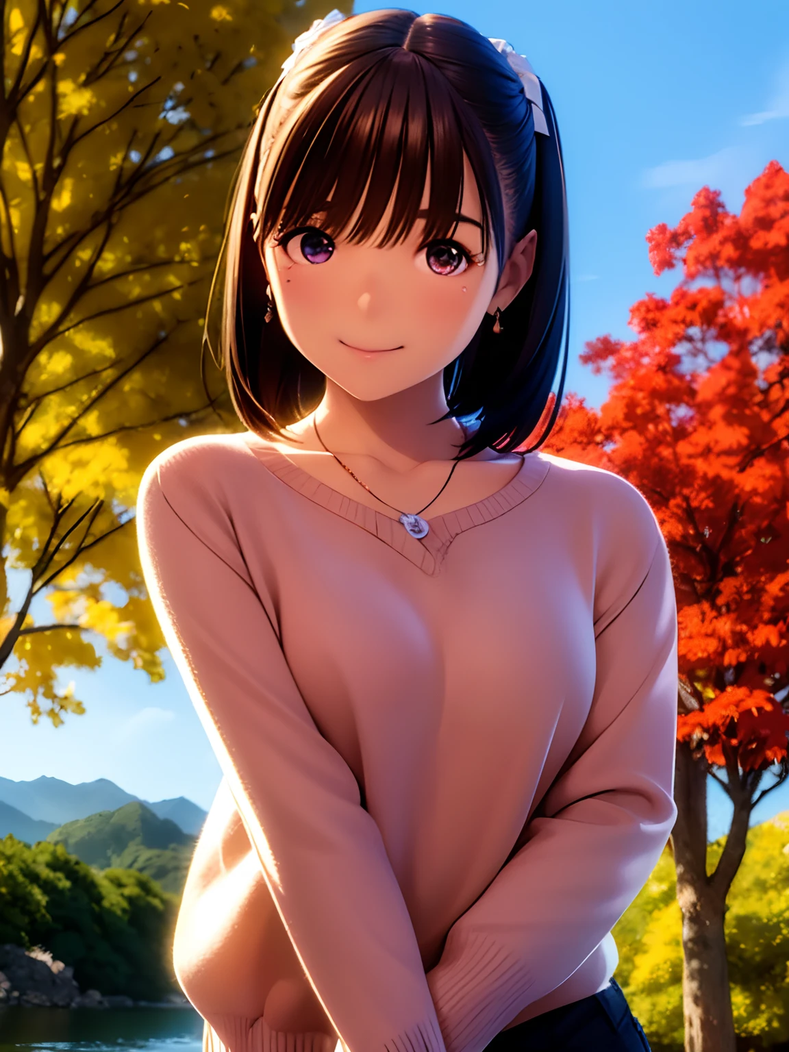 hight resolution,8K,Best Quality,detaileds,semi - realistic anime,Anime 3D Style,Smooth Anime CG,1 girl in,20 year old woman in Japan,slim,modeled,shiny chestnut hair,Medium Hair,Detailed face,Beautiful and detailed eyes,Glowing skin,(Sweaters),earring beautiful,a necklace,autumn in japan,Colored leaves,Fluttering maple leaves,Red landscape, (Jump up and down),Hard Focus、film grains,Soft lighting,the wind,looking at the viewers,A smile,