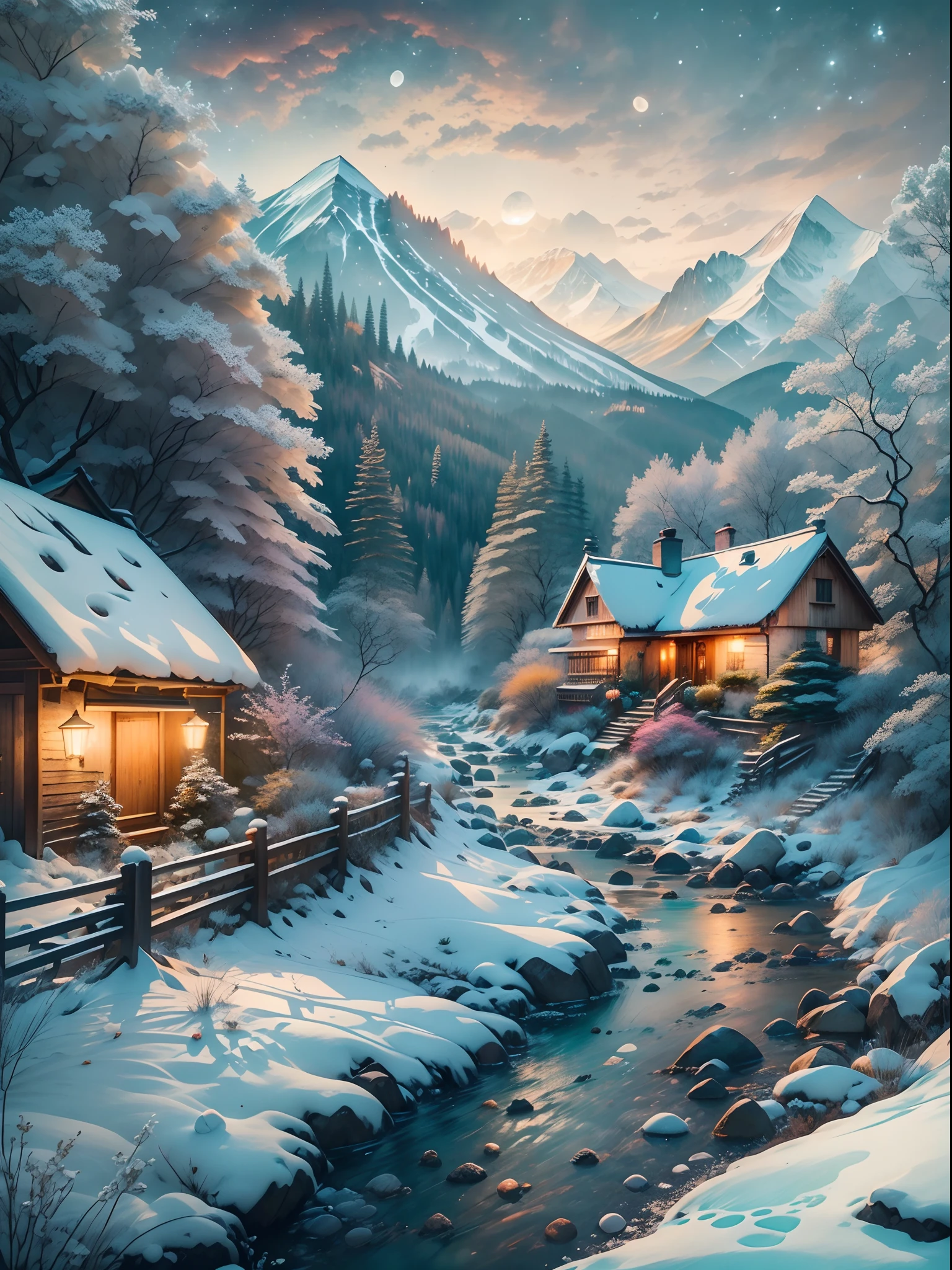 (beste Qualität, fotorealistisch:1.2), Natur,schöne Landschaft， Schnee und Eis schmelzen, （（（Gebirgsbäche und fließende Gewässer，klarer strom）））,gemütliches Ferienhaus，Lampenlicht，Schneeflocken flattern， Meisterwerk:1.23, Fotografie.