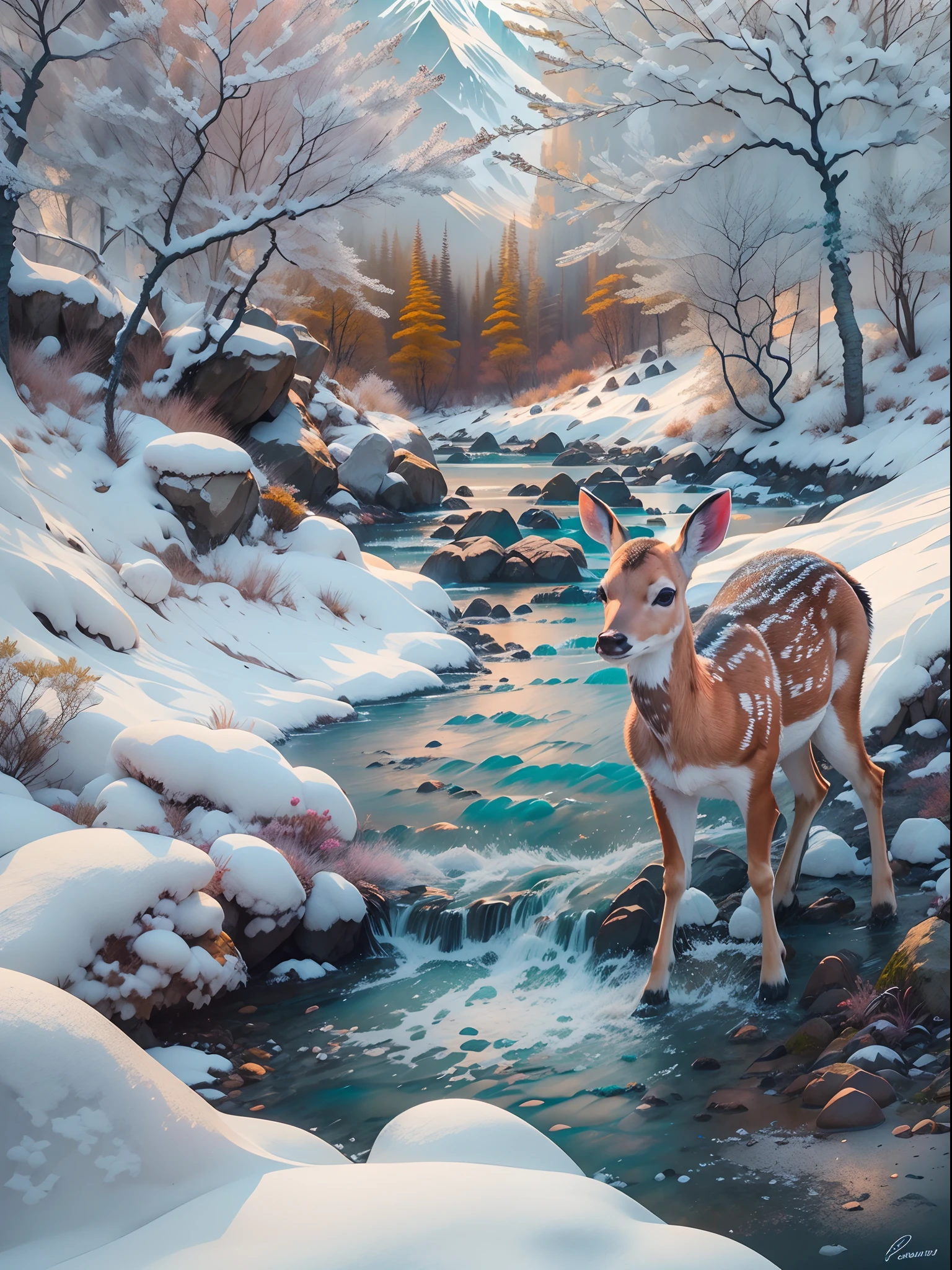 (Best quality, photo-realistic:1.2), Nature,lindo cenario， Melt snow and ice, （Mountain streams and flowing water，Clear stream）,A fawn in the distance， Masterpiece:1.23, Photography.