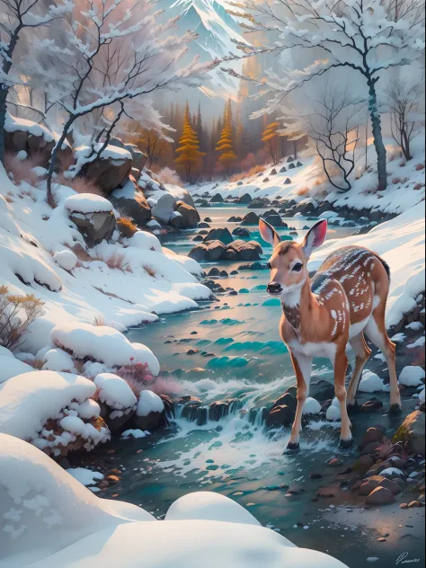 (Best quality, photo-realistic:1.2), Nature,lindo cenario， Melt snow and ice, （Mountain streams and flowing water，Clear stream）,...