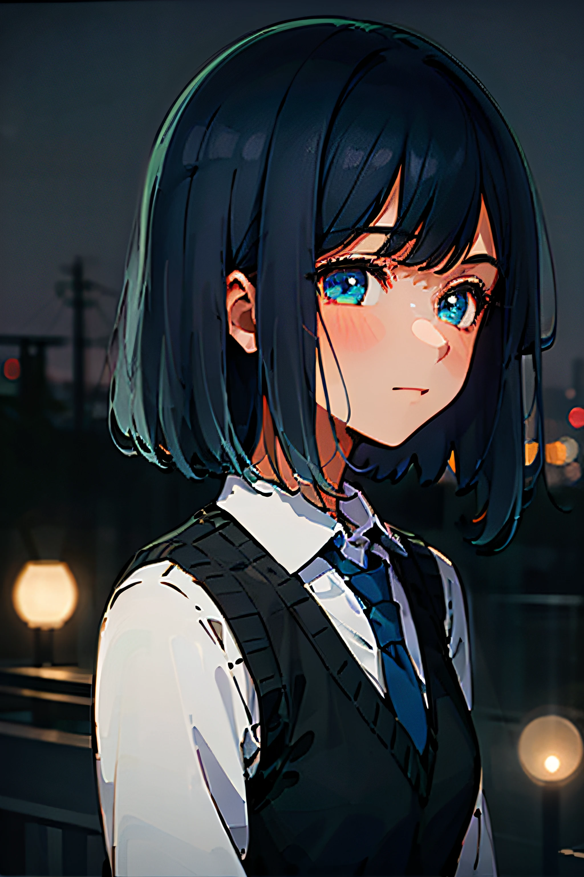 mastepiece, profesional artwork, sharp image, best quality, high quality, ultra quality, 1girl, school uniform, small breast, short hair, star eyes, upper body, face focus, beautiful eyes, glowing eyes, outdoor, depth of field, moonlight, dust, night, beautiful lighting, detailed face, detailed background, detailed picture, blush, deatiled texture, bokeh background, modern, relaxing, dark night, glowing eyes, profile, akane kurokawa, oshi no ko