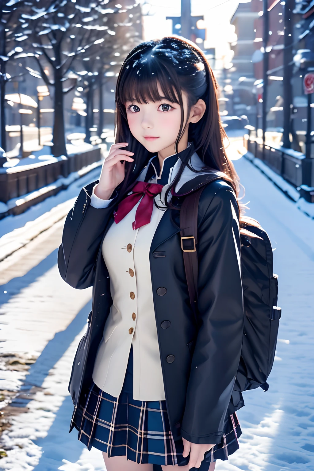 Anime girl in uniform taking a photo in a snowy city, Fine details. girls' frontline, from girls frontline, beautiful anime high school girl, a hyperrealistic schoolgirl, Female protagonist 👀 :8, girls frontline style, Kantai Collection Style, detailed portrait of an anime girl, high detailed official artwork, a hyperrealistic schoolgirl, Realistic Female Proofreading, School Girl、校服、A dark-haired、Matching bangs