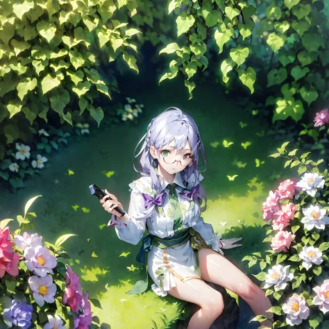 (​masterpiece、top-quality、top-quality、Official art、Beautifully Aesthetic:1.2)、1girl in、独奏、Stand in the garden、looking at the viewers、eye glass、Light purple hair、green colored eyes