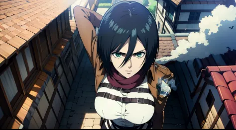 Sexy, combat stance, Super Epic Composition, aot style, Shingeki no Kyojin, mikasa ackerman, 1girl, in full height (Body Full 1.1), Hand strap, quiff, black  hair, Black pants, 가슴, green colored eyes, Hair between the eyes, turnstile, long sleeves, looks a...