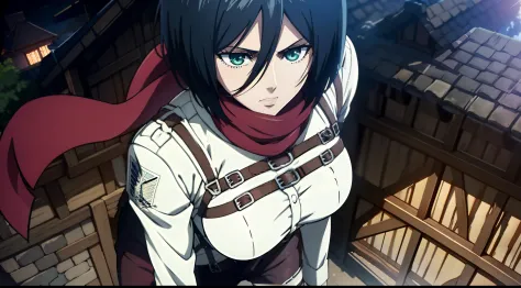 Sexy, combat stance, Super Epic Composition, aot style, Shingeki no Kyojin, mikasa ackerman, 1girl, in full height (Body Full 1.1), Hand strap, quiff, black  hair, Black pants, 가슴, green colored eyes, Hair between the eyes, turnstile, long sleeves, looks a...