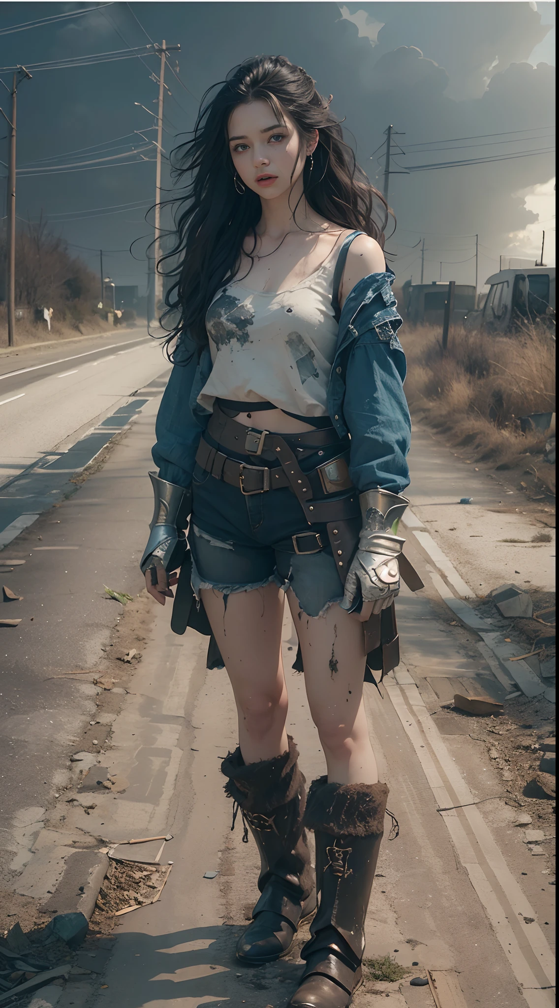Yael Shelbia(Beautiful and bold、captivating and enticing、blue eyess、pointed  breast、long curly black hair、Sweaty body、Open shirt、Short  shorts、boots、short gloves、thick leg)。(Deserted roads、Dirt  road、fumo、Abandoned cars、newspaper、Abandoned