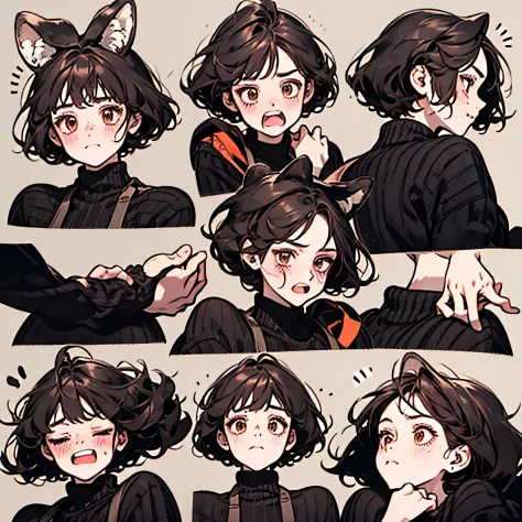 Cute girls，Emoji pack，cat ear，Short hair，Orange hair，（9 emojis，emoji sheet of，Align arrangement)，9 poses and expressions（Mourning，amazement，Have fun，exhilarated，big laughter，doubt，Angry ，Touch the head，Sell moe, wait），Anthropomorphic style，Disney style，Bla...