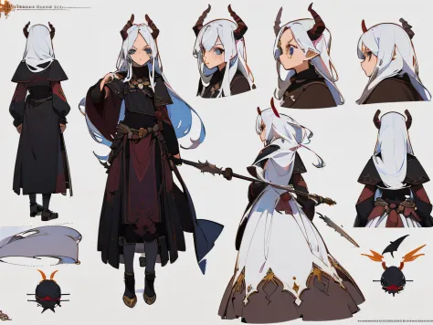 ((masterpiece)),(((best quality))),((character design sheet,same character,front,side,back)),illustration,1 girl,long hair,hair on eyes,beautiful eyes,environment Scene change, pose too, female demon, horns, holds a spear, charturnbetalora, (simple backgro...