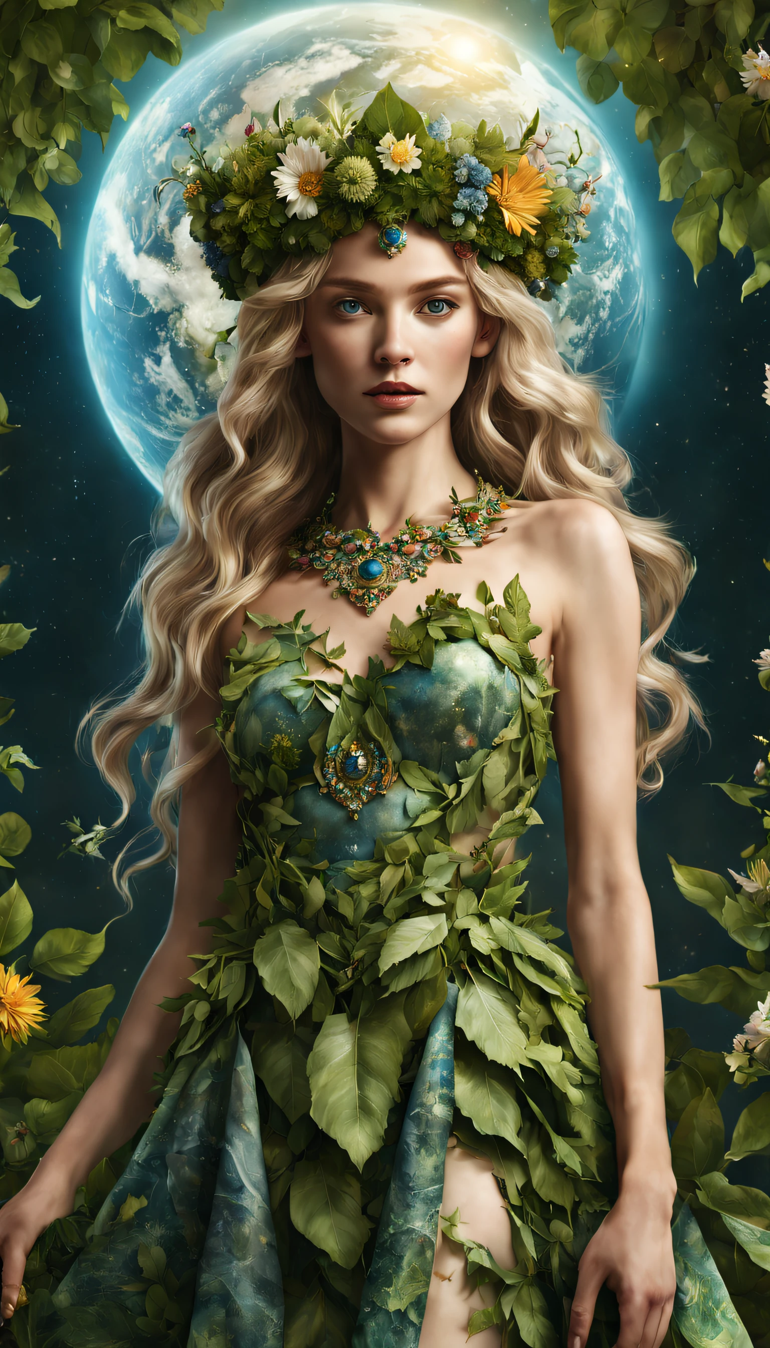 Freya holds the planet Earth in her hands. A dress made of leaves and flowers, a crown of flowers on her head. Universe on background. Long legs, Nordic face, (((Full body))), medium range. Detailed face, detailed eyes, realistic, highly detailed background, diffused light, extremely detailed surfaces, masterpiece, 16k, UHD