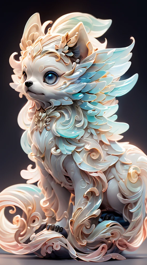 The shape of a Pomeranian，The background is clean，Dreamy colors，Transparent statue，florals，Big eyes，The white，Lovely，Clear eyes，​masterpiece，（Best quality：1.3），A Hiromeranian，full bodyesbian，