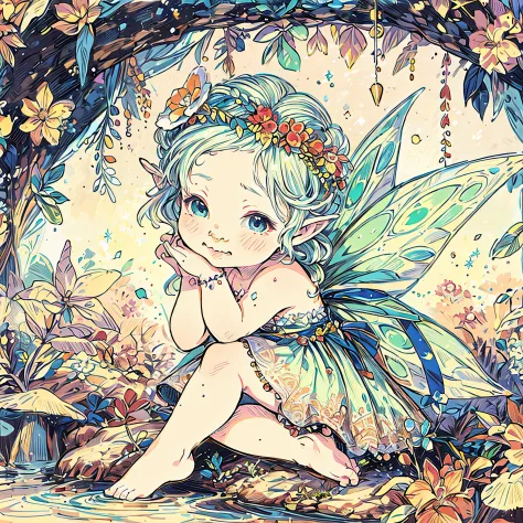 a cute baby fairy in an Enchanted Garden realistic coloring pages