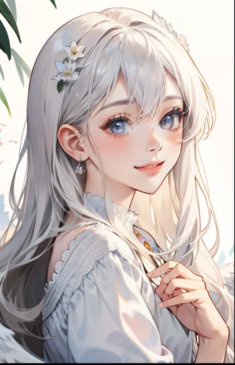girl with、Background white、without background、white  hair、The long-haired、with blush cheeks、angelicales、feathered、angel、pluma、frilld、Smiling、kawaii、without background