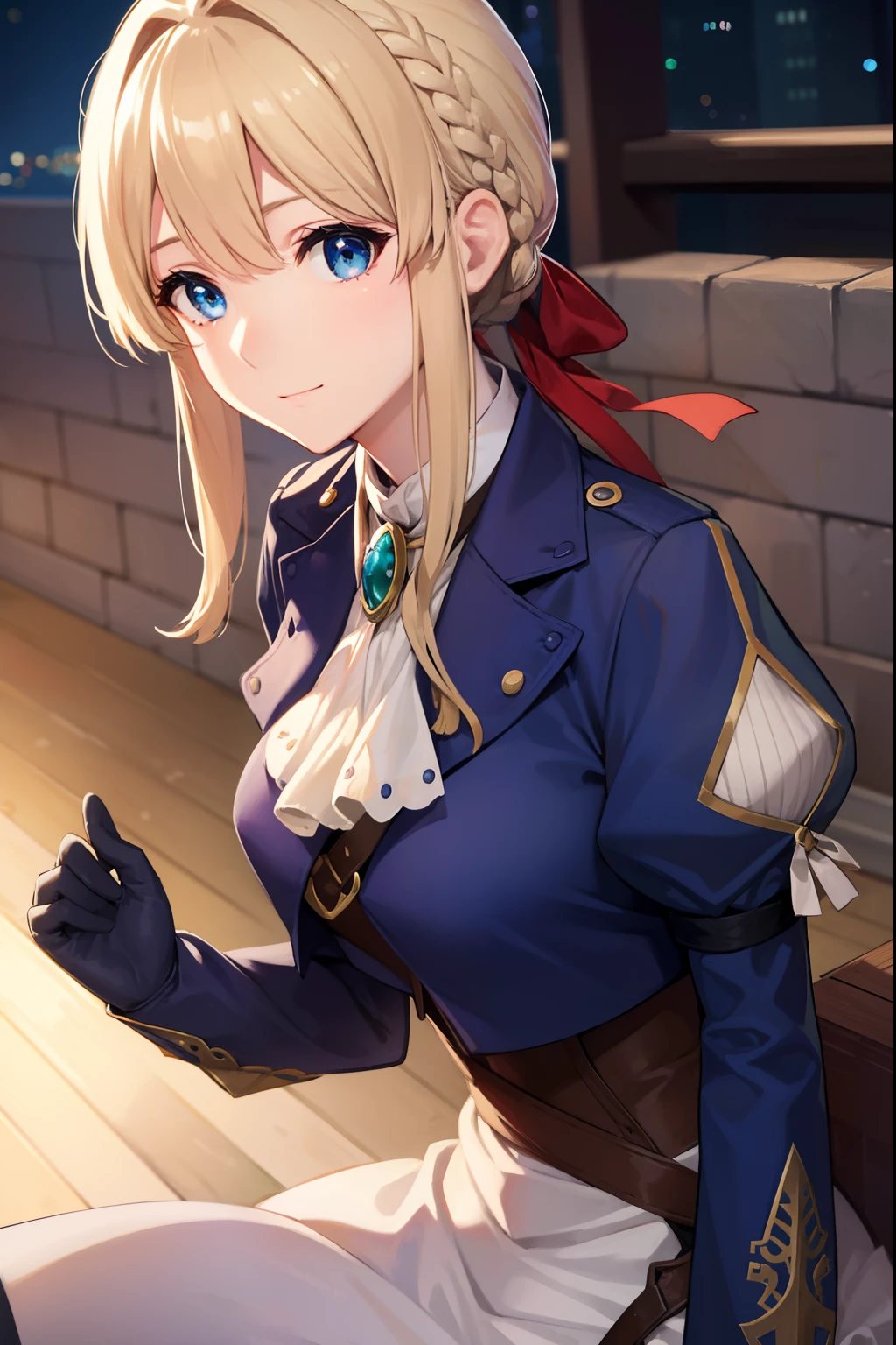 Violet Evergarden, Violet Evergarden, Blonde hair, Blue eyes, Hair Ribbon, bow ribbon, Short hair, Braids, hair braids, Red Ribbon, maturefemale,
Blake Blue Jacket, Brown gloves, Cropped jacket, Dress, gloves, Green brooch, Jacket, juliet sleeves, Long sleeves, Puffy sleeves, White Dress,
BREAK looking at viewer,
BREAK outdoors, city,
BREAK (masutepiece:1.2), Best Quality, High resolution, Unity 8k壁纸, (Illustration:0.8), (Beautiful detailed eyes:1.6), extra detailed face, Perfect Lighting, extremely details CG, (Perfect hands, Perfect Anatomy),a smile