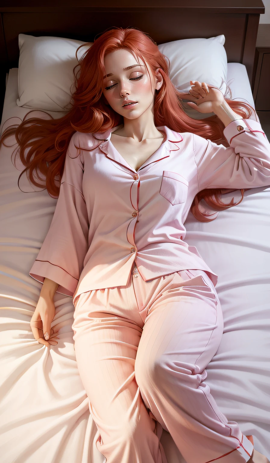 "(((realistic))), ((((woman)))), straight from real life, with (hair_red) red hair, sleeping on a bed wearing (pijama_pink) pink pajamas and long pants."