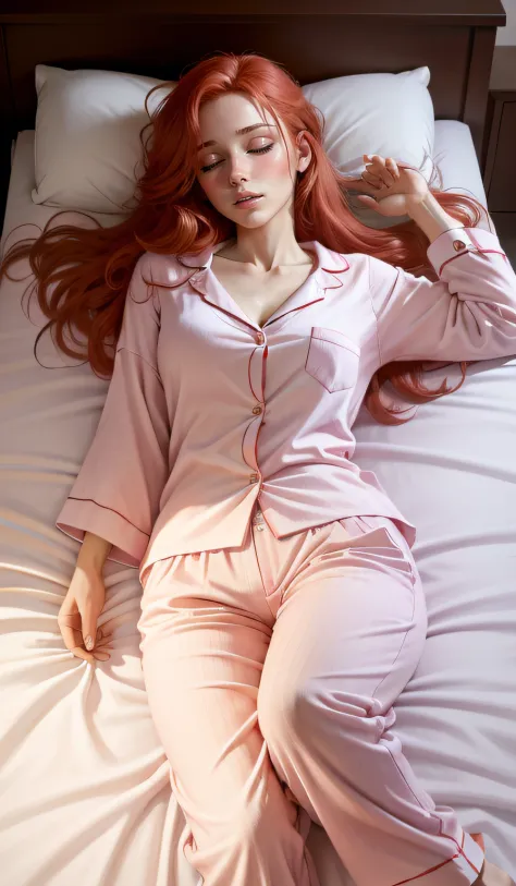 "(((realistic))), ((((woman)))), straight from real life, with (hair_red) red hair, sleeping on a bed wearing (pijama_pink) pink...