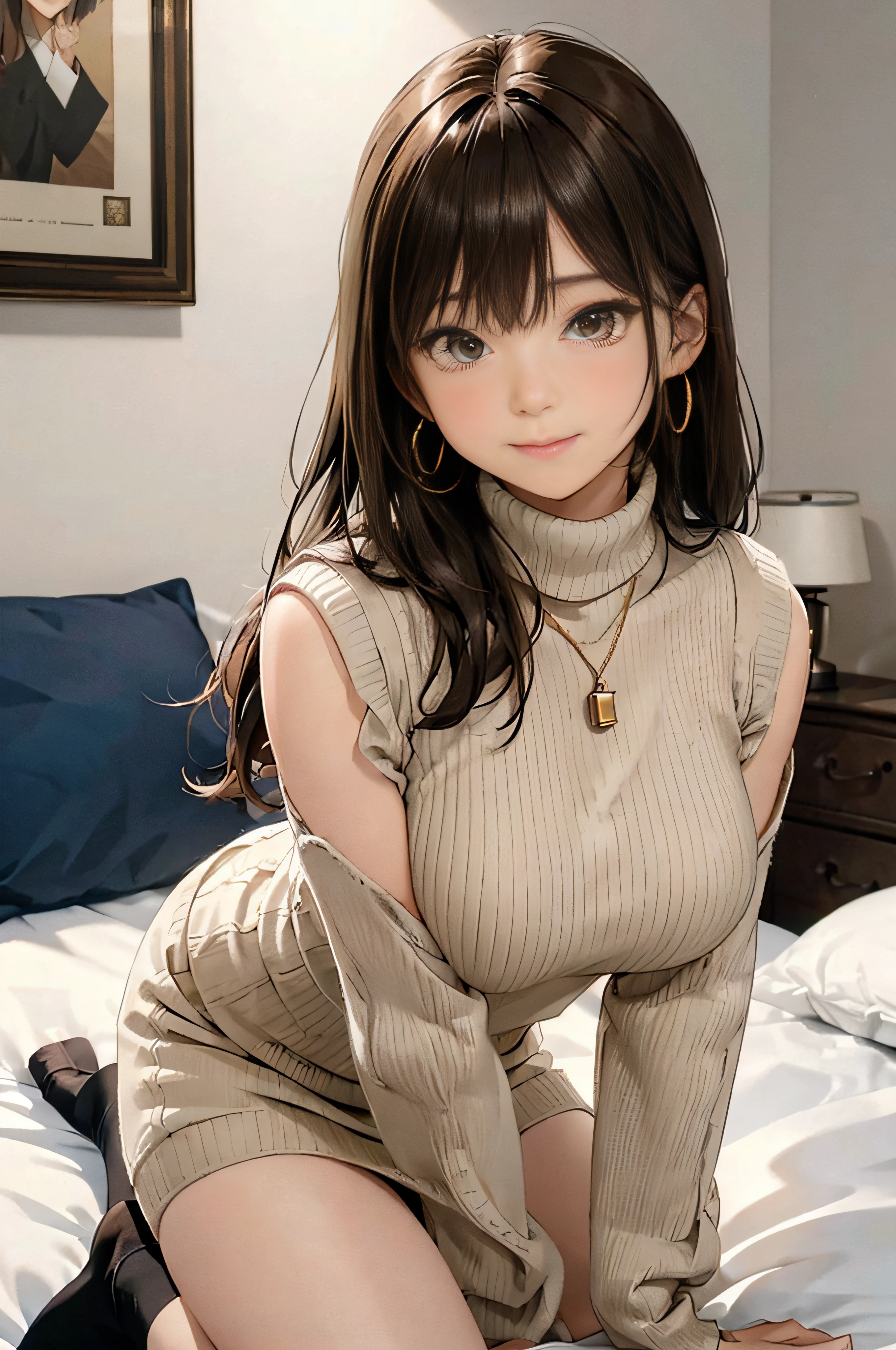 (Light Beige Turtleneck Sleeveless Knit、pencil skirts、knee high stockings)、20 year old girl, breasts of medium size,, Puffy nipple、brown haired、Long Wave Hair、hotels room、(Sleeping on the bed)、((Pleasant look、Open your mouth a little))、a necklace、Earring、 (Very detailed), Shy smile、(Kamimei)、(Perfectly detailed face)、full body seen、(Hide your chest with your hands)