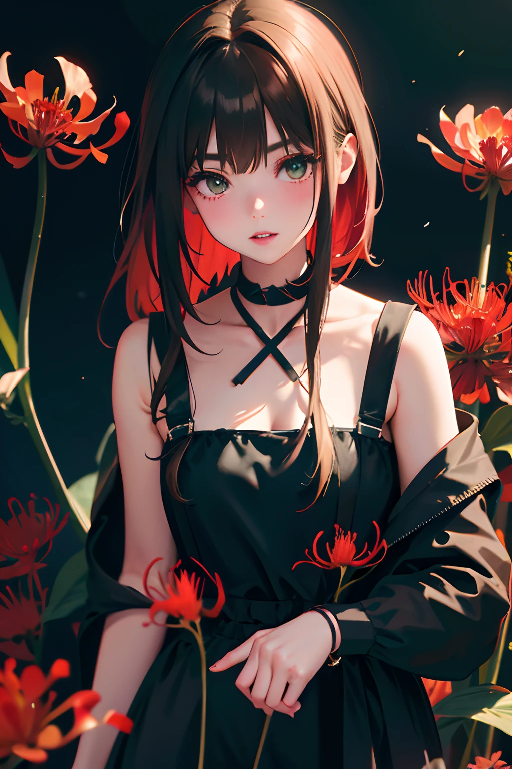 (Fine, beautiful eyes and detailed face)、cinematlic lighting、bustshot、Highly detailed CG Unity 8K wallpaper、(top-quality、hight resolution、8K、​masterpiece:1.2)。Curvaceous but slender、Muchimuchi Body、Red Spider Lily Field、Red modal lilies are blooming all around、Red Spider Lily、Grinning Woman、Red spider lily sits in the middle of blooming。With a somewhat horror look、Eight teeth are characteristic。Wear bloody clothes、Has an ax。Crazy looks and the gap between her and Red Spider Lily、Further enhance her beauty。Half-garment hoodie、accessorized、mole、eyebrows、double tooth、canine teeth、poneyTail、Muscular nose、Clear, Detailed green eyes、blondehair、Hats、Uniforms、red blush、short-haired、a choker、fleshy lips、Physical beauty、well-muscled、Raise headband bangs、Oforehead、Mysterious fashion、Street fashion、Anime style、and souls、Oversized trousers、Unreal、Fashion based on green and black、Backgrounds with depth、The background is a field of bright red lilies、10,000 Red Spider Lily。a necklace、Braceletisanga、arm band、colorful backdrop、Light and Wall Co-star、Little black cat clinging to his shoulder、Original face、(dark themed:1.3)、Dark Fantasy、Long Black Hair、