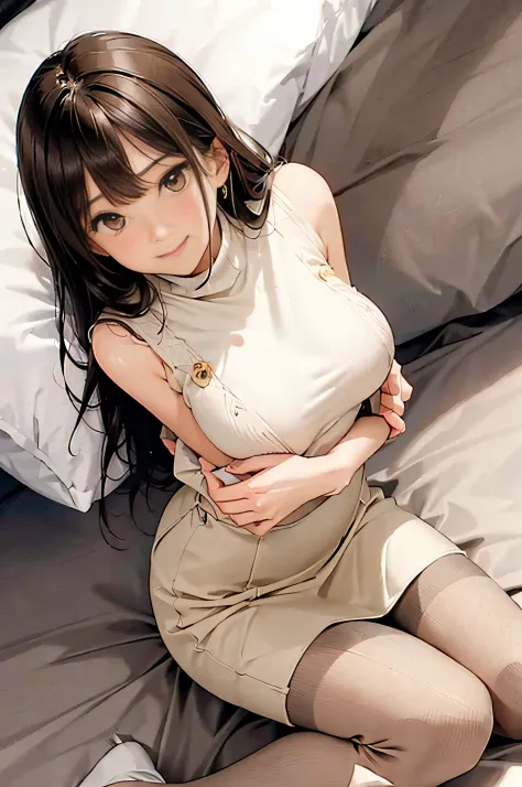 (Light Beige Turtleneck Sleeveless Knit、pencil skirts、knee high stockings)、20 year old girl, breasts of medium size,, Puffy nipple、brown haired、Long Wave Hair、hotels room、((lying on the bed))、(((Pleasant look)))、(Open your mouth slightly)、(Head on pillow)、...