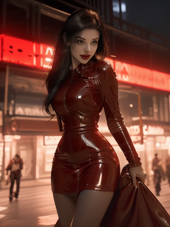 Araffe dans une tenue en latex rouge marchant dans une rue, un portrait d&#39;Eve Ryder, reddit, réalisme fantastique, robe en latex, tenues en latex, succube en robe courte moulante, latex brillant, rouge chaud, tenue de diable très sexy, latex, porter du latex, robe rouge sexy, rouge métallisé, caoutchouc et latex, tout rouge, robe sexy, Jugements en latex