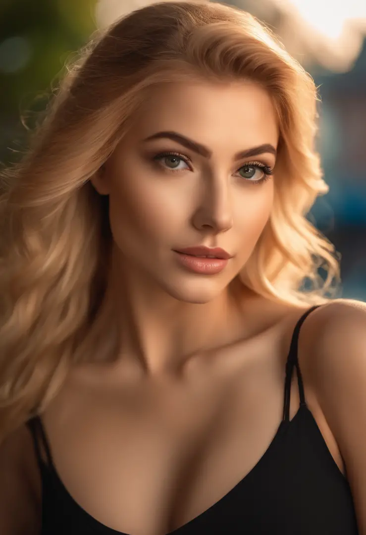 professional, (4k photo:1.1) , high detail, wearing (tight shirt:1.2), beautiful detailed face, an attractive woman with long blonde hair looks into the camera, looking like actress Katherine McNamara, panasonic lumix s pro 50mm f/1.4, anne stokes, color s...