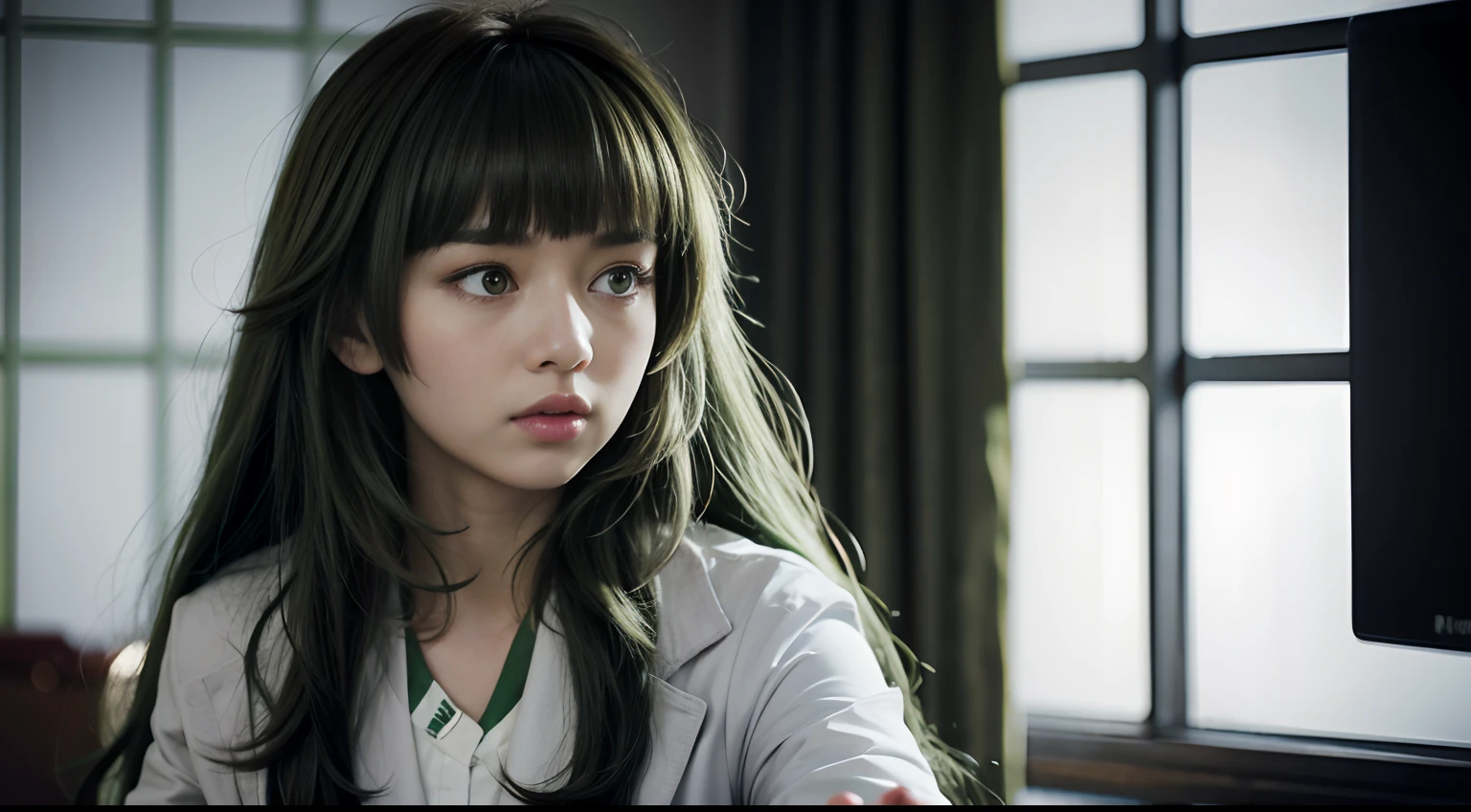 hiyajo maho, green hair, labcoat, white shirt, solo, 1 girl