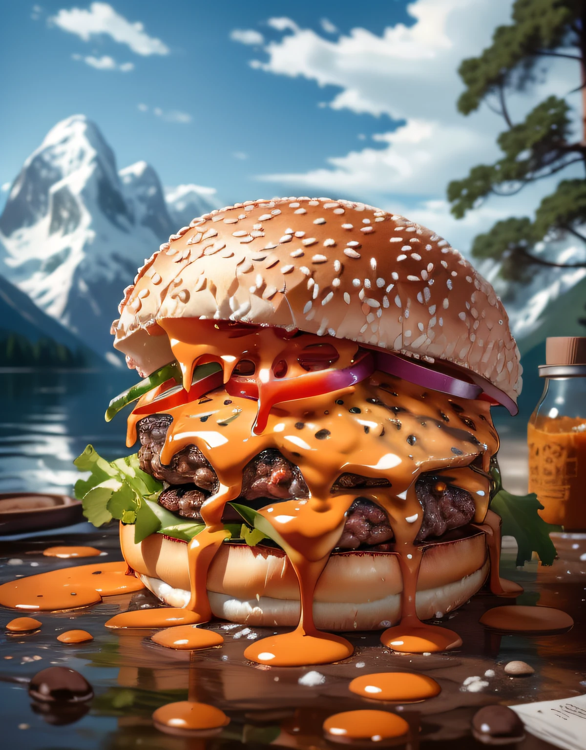 (chef-d&#39;œuvre, qualité supérieure, Meilleure qualité, beau et esthétique:1.2), extrêmement détaillé, le plus détaillé,Humburger,photo de hamburger,  fond blanc, paysage, encre, Montagnes, eau, des arbres