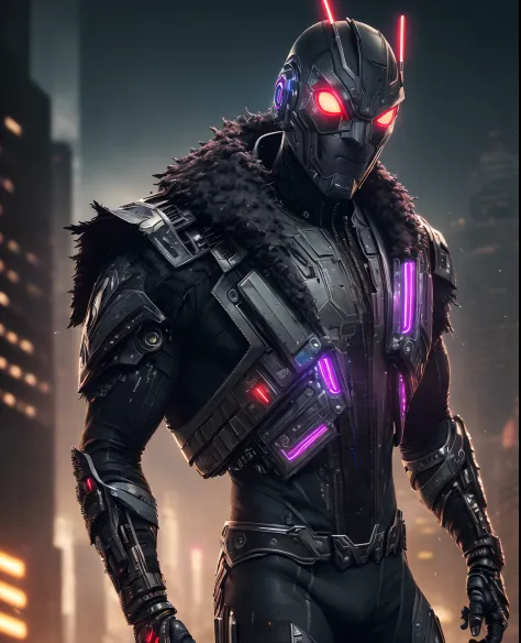 (extremely detailed 8k wallpaper), Close-up (futuristic masked cyborg Dirt-man From Marvel dressed in Goth style: 1.3) emerging from the the futuristic world, neon colours, extremely detailed, volumetric lighting