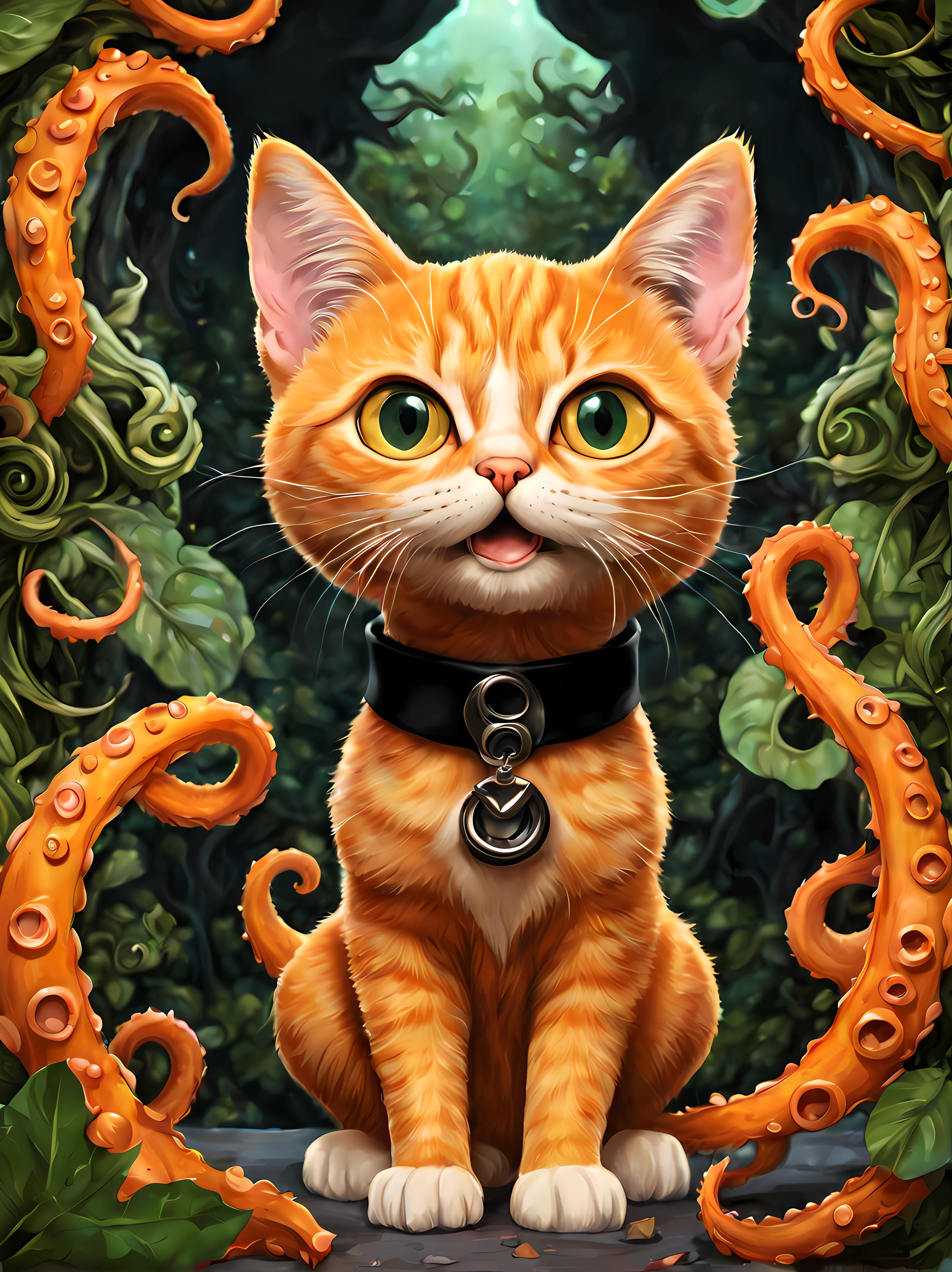 (symmetrical:1.3), (cute cartoon style:1.3), (solo:1.3), flerken from marvel comics orange cat with ((tentacles coming from the mouth)) wearing a black collar (((looking at the viewer))), (surrounded by mysterious nature), masterpiece, 4k, highly detailed, shiny