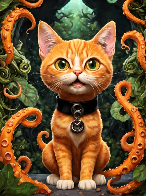 (symmetrical:1.3), (cute cartoon style:1.3), (solo:1.3), flerken from marvel comics orange cat with ((tentacles coming from the ...