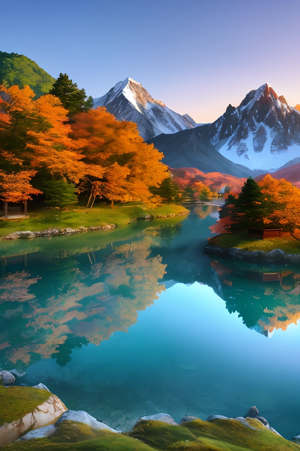 a beautiful korean mountain with lake, (masterpiece), (portrait), (raw photo), (extremely detailed CG unity 8k wallpaper) Intricate, Sharp focus, dramatic, photorealistic  art