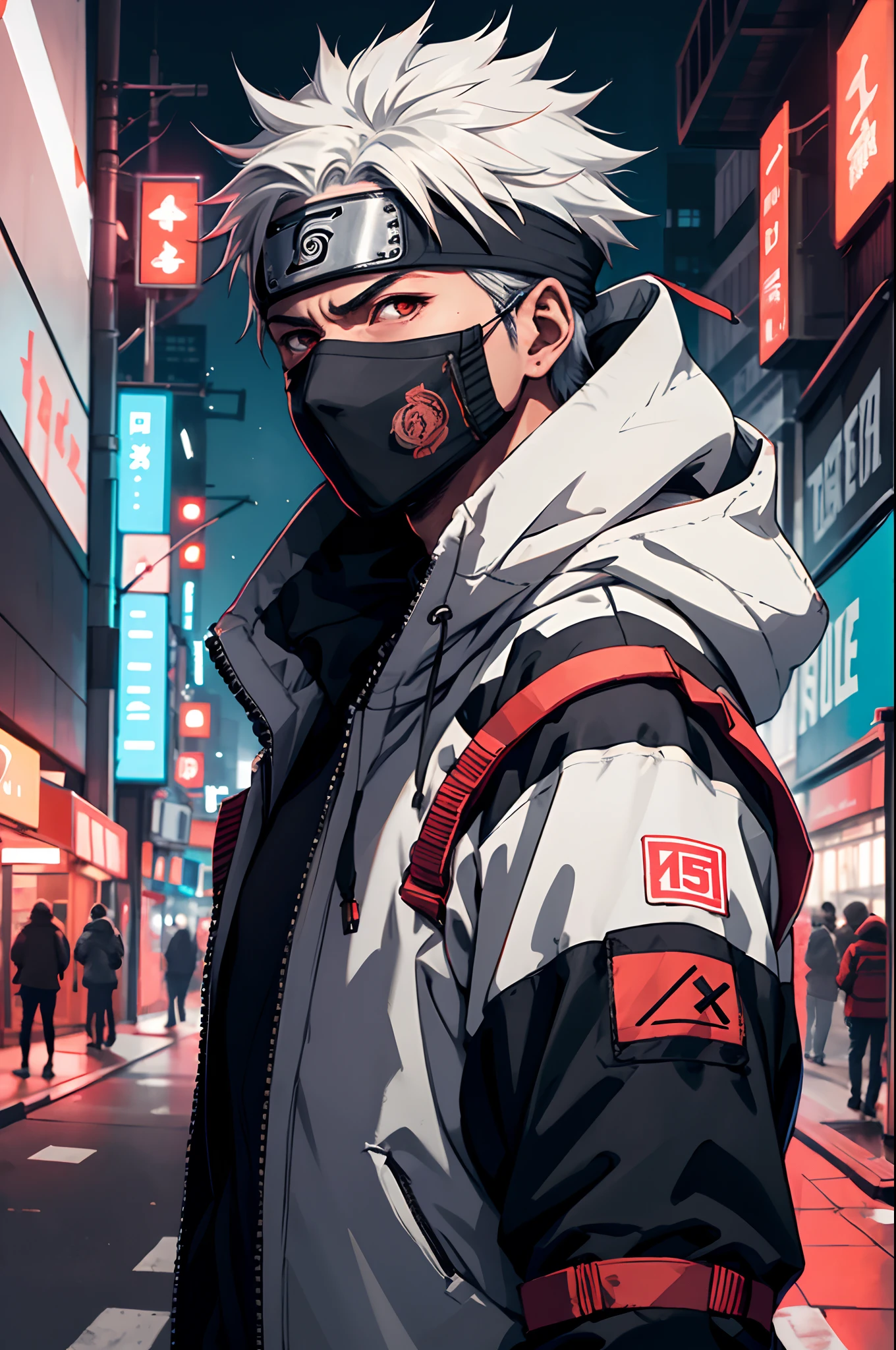 Meisterwerk, beste Qualität, ultra-detailliert, Oberkörperaufnahme, 1 Mann, männlicher Fokus, Kakashi Hatake, trage Streetwear Hoodie, weißes Haar, leuchtend rote Augen, Cyberpunk mask, coole Einstellung, dynamische Beleuchtung, lebendige Farben, Städtischer Hintergrund ,