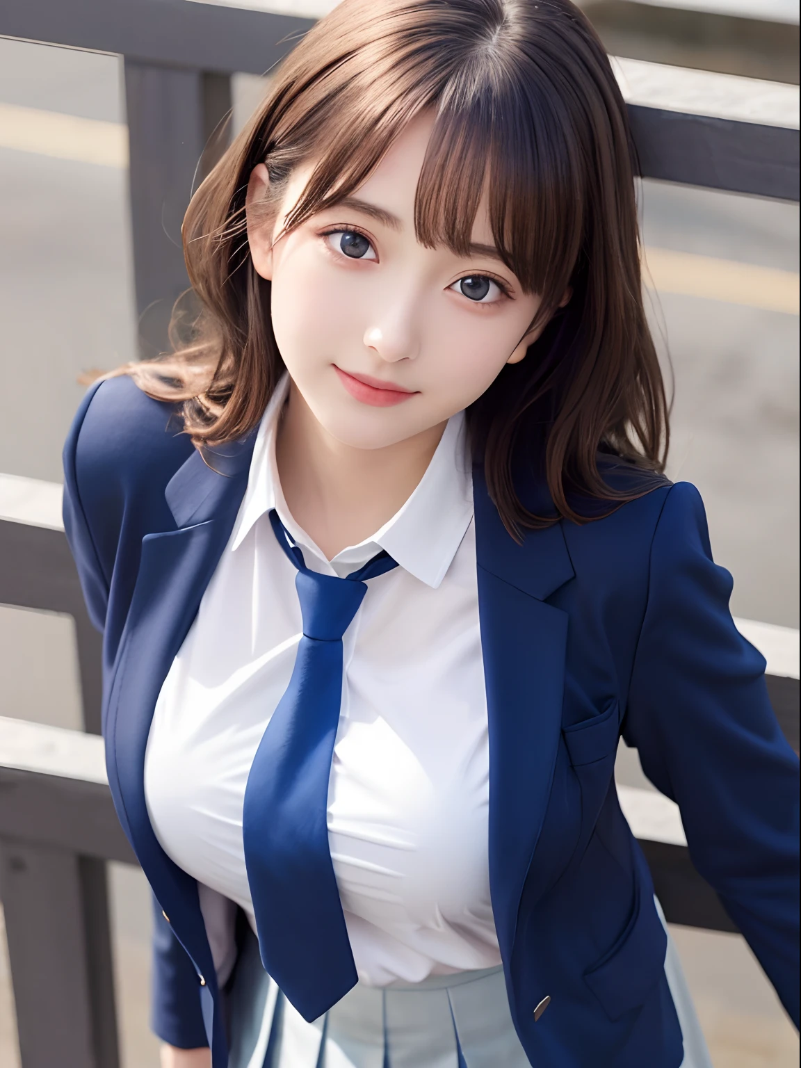 8K, Best Quality, real picture, Intricate details, ultra-detailliert, 超A high resolution, Depth Field,(Photorealistic,Realistic:1.2),masutepiece , straight-on shot , from miiddle ,
1girl in, AI_chan, an extremely beautiful 17-year-old girl, Innocent big eyes,、beutiful breast:1.5、ultradetailed eyes:1.2)、(Beautiful breasts:1.1)、hair wavy、curlyhair、bangss、, flawless skin, Fair skin, Huge breasts, cleavage, Narrow waist, Light blush, Solo, Looking at Viewer, lightsmile,
 ((School_uniform),(Dark blue blazer),  (white  shirt、Wearing a tie), (Grey pleated skirt), 
(Gravure Pose :1.1)
