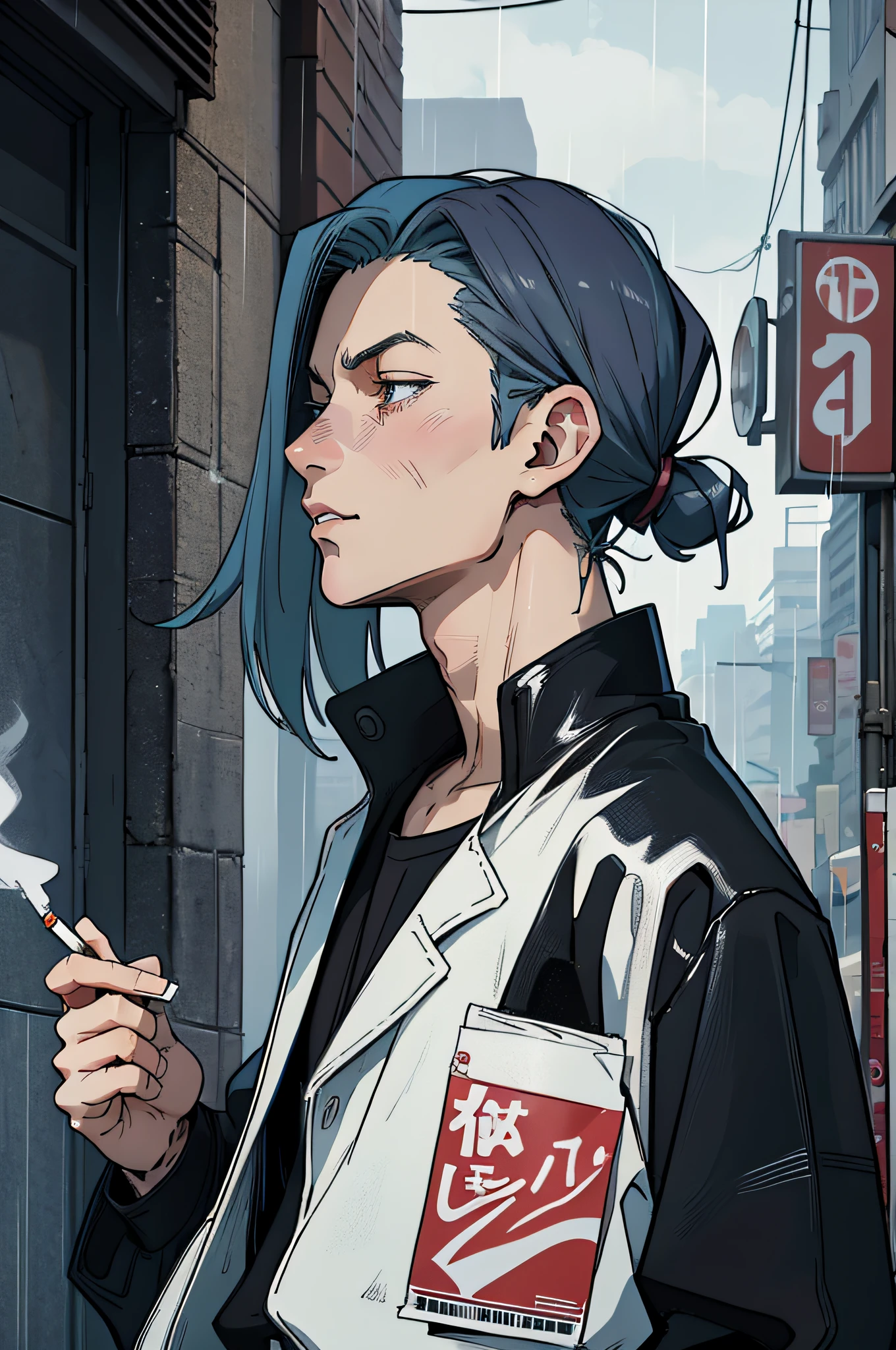 Anime guy standing in the rain smoking, There are drops of pop art on his face, still from anime, portraite of a, Hand holding cigarette, Eyes look into the distance, profile, waist up portrait, dark colored hair, sadly, Partial Color Saturation, City Street, urban style