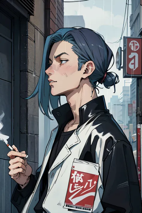 anime guy standing in the rain smoking, there are drops of pop art on his face, still from anime, portraite of a, hand holding c...