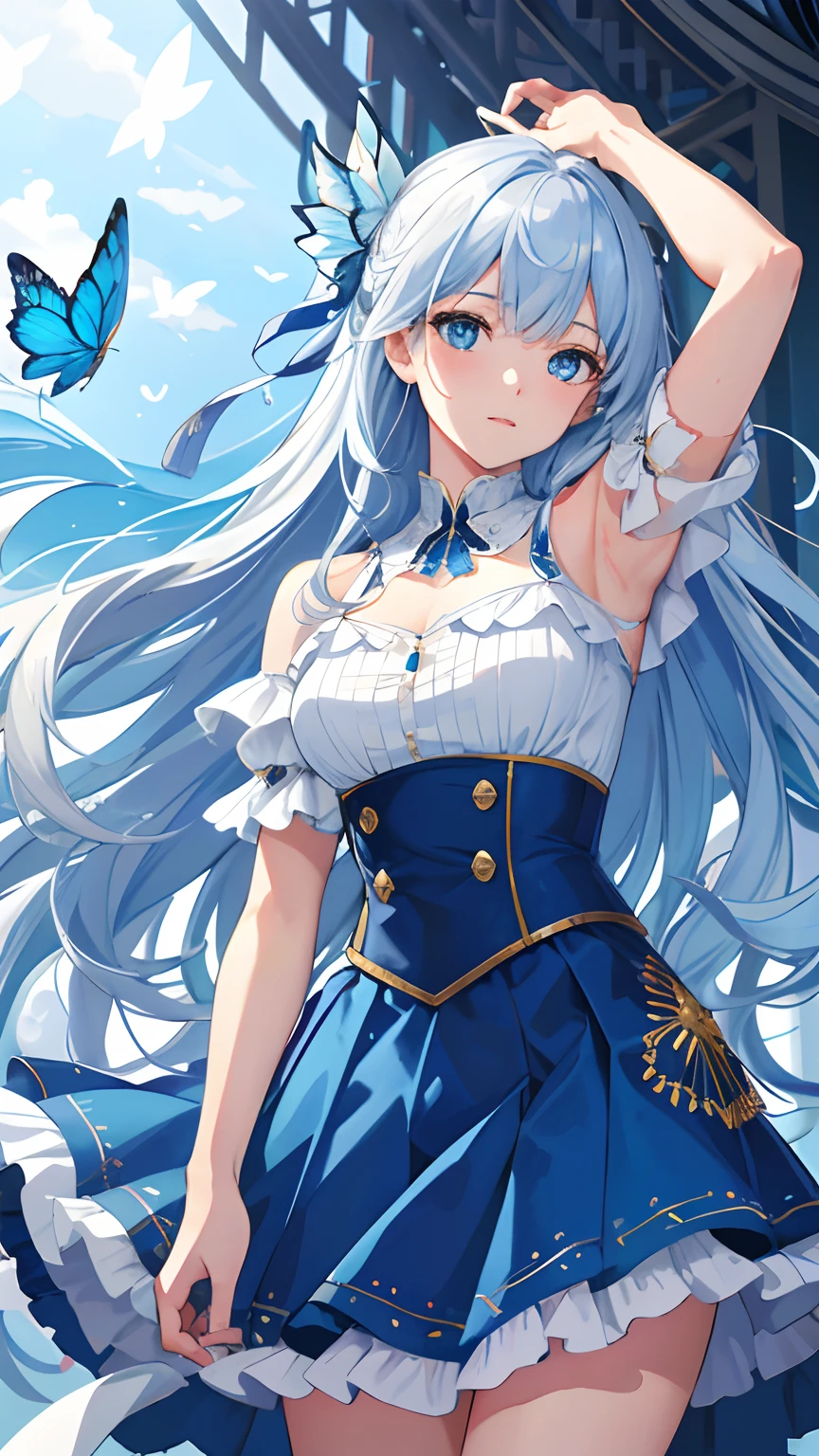 (illustration:1.1),(Best quality),(Masterpiece:1.1),(beautiful and clear background:1.25),(Masterpiece, Best quality, Ultra-detailed), (Photorealistic), (Beautiful detailed eyes),
Stage,stage light,(Hair), 
，blue skirts，1girll，blue color eyes，long  white hair，Flying blue butterflies，
Bare shoulders