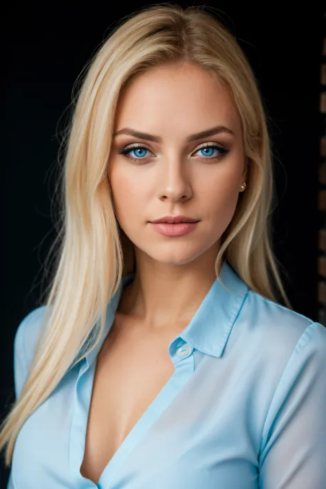 RAW photo of melpel,portrait, blue blouse, blonde, makeup, ((catchlight in eyes)), blue blouse, black background,(high detailed skin:1.2), 8k uhd, dslr, soft lighting, high quality, film grain, Fujifilm XT3,