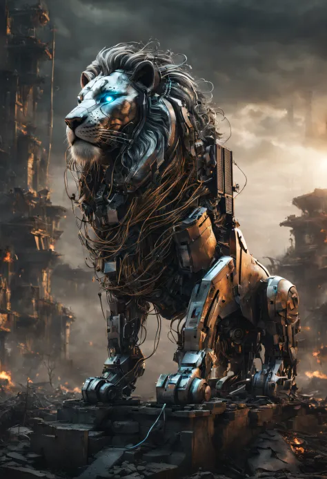 (A cybernetic lion stands on the ruins of old technology), (Cyborg lion with transparent plastic body, Visible internal parts and glowing wires, A formidable cyborg lion with a transparent body), (post apocalyptic atmosphere), Ruins and ruins, Detonated Mechanisms, Scattered Parts, Black smoke, A fire is burning in some places, higly detailed, A clear picture of every detail, hight resolution, Cinematic Photo, Artistic lighting, Maximum realism