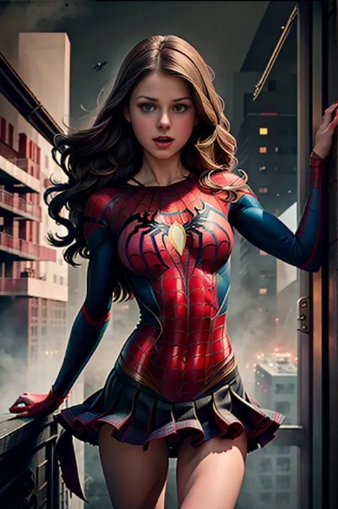 Melissa Benoist、Sticking out the navel、newyork、She wears a torn Spider-Man suit,wearing skirt、 Red and black color scheme,Dynami...