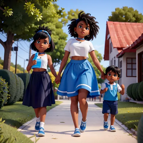 A black woman wearing a blue crop top with a blue skirt with her 3-year-old son Moreno and her white baby daughter with hair